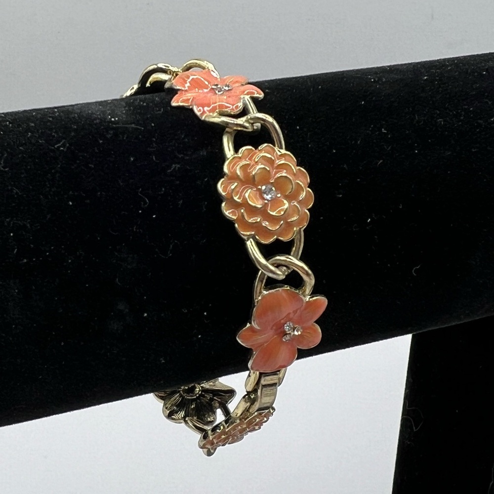 Peach Floral with Rhinestones and Goldtone Bracelet